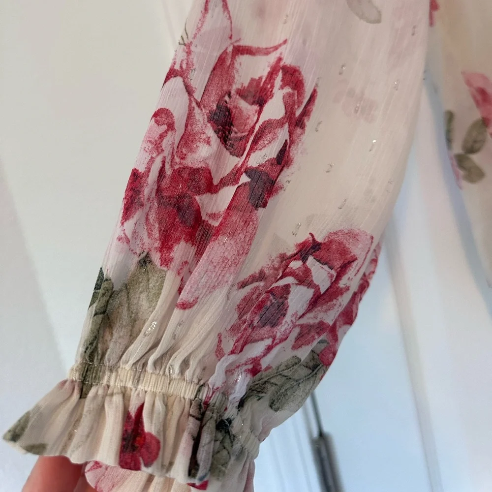 Joie Cream Sheer Blouse with Pink Rose Print - Picture 4 of 5
